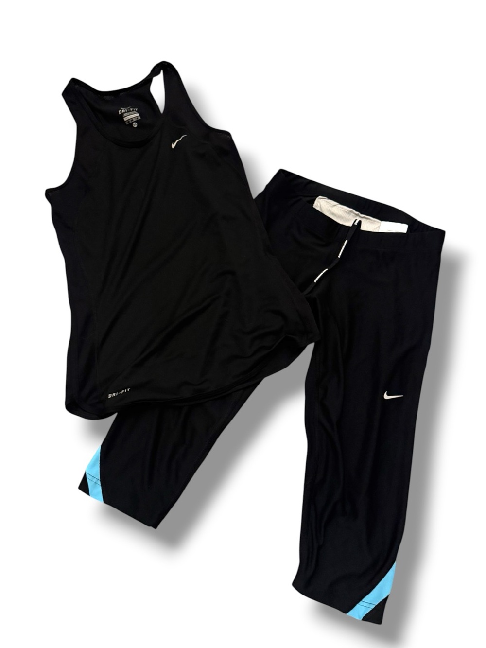 Nike Black Women’s Athletic Tank and Capri Set with Light Blue Accents